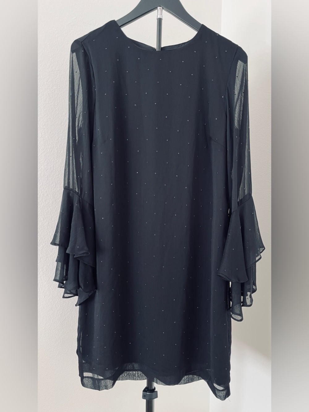 H&M Black Beaded Sheer Overlay Dress 🖤 Bell Sleeve LBD | Whimsical Evening Chic